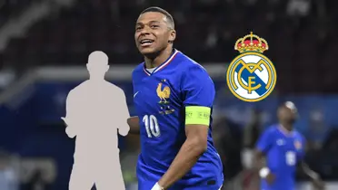 Kylian Mbappé smiles while wearing the France jersey and the Real Madrid badge is next to him. (Source: Madrid Xtra X) 