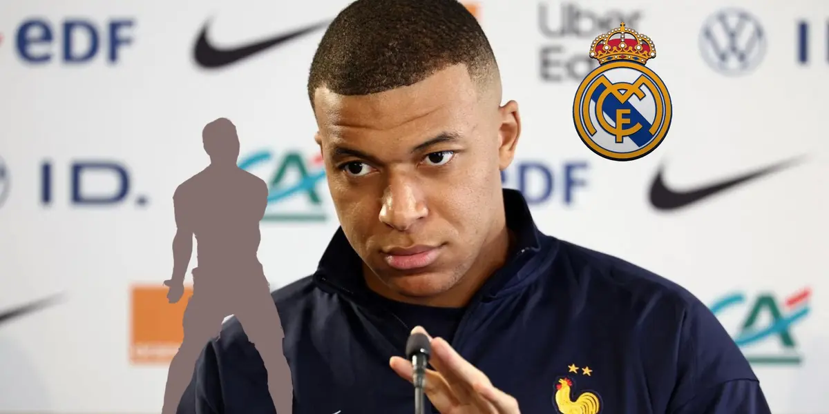 Kylian Mbappé touches the microphone as the Real Madrid badge is above him and a mystery player is next to him. (Source: KM 10 Zone X)