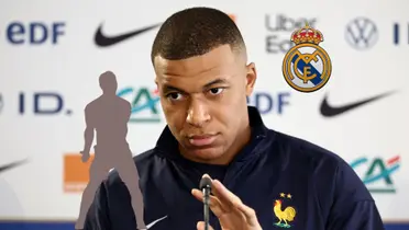 Kylian Mbappé touches the microphone as the Real Madrid badge is above him and a mystery player is next to him. (Source: KM 10 Zone X)