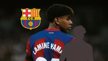 Lamine Yamal looks back as he wears the FC Barcelona jersey and the FC Barcelona badge is next to him; the mystery player is below him. (Source: Managing Barca) 