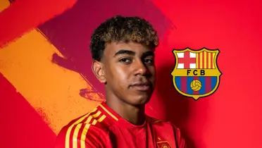 Lamine Yamal poses for a picture while wearing the Spain jersey and the FC Barcelona badge is next to him. (Source: Barca Universal X)