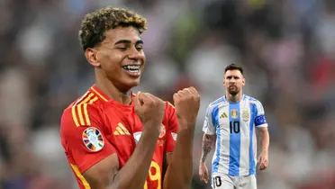 Lamine Yamal smiles with the Spain jersey on at the EUROS while Lionel Messi walks serious with the Argentina jersey on. (Source: UEFA EURO 2024, Messi Xtra X)