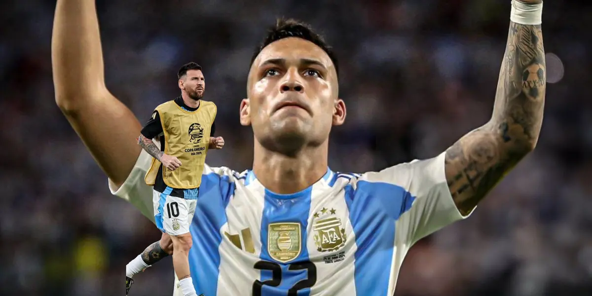Lautaro Martinez celebrates his goal with the Argentina jersey on as Lionel Messi runs and looks up. (Source: All About Argentina X)