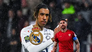 Leny Yoro claps while wearing a Lille jersey and Sergio Ramos wears the Sevilla jersey; the Real Madrid badge is next to him. (Source: Madrid Xtra X)