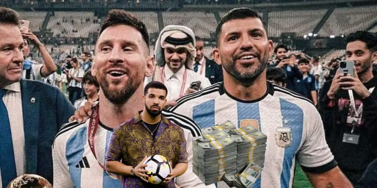 Lionel Messi and Sergio Aguero celebrate the World Cup trophy while Drake holds a football with a stack of cash next to him. (Source: Goal, AlbicelesteTalk X)