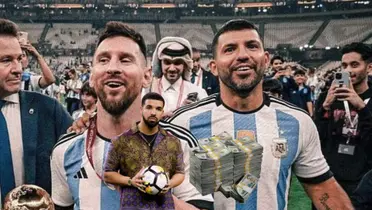 Lionel Messi and Sergio Aguero celebrate the World Cup trophy while Drake holds a football with a stack of cash next to him. (Source: Goal, AlbicelesteTalk X)