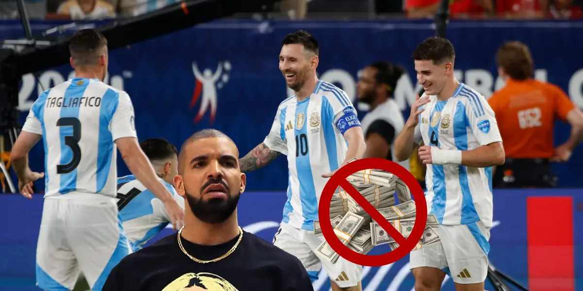 Lionel Messi celebrates his goal with his teammates in Argentina while Drake looks confused and money is cancelled out. (Source: Getty Images, Diario AS)