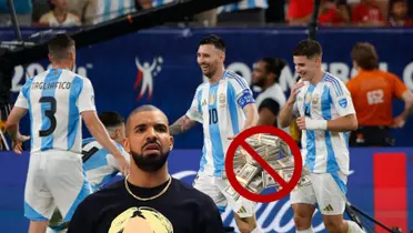 Lionel Messi celebrates his goal with his teammates in Argentina while Drake looks confused and money is cancelled out. (Source: Getty Images, Diario AS)