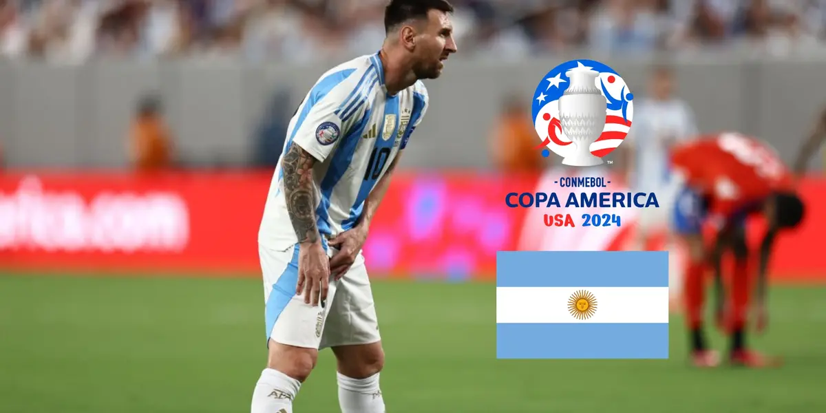 Lionel Messi holds his thigh in pain while the Copa America logo and the Argentina flag is next to him. (Source: CONMEBOL, Messi Xtra X)