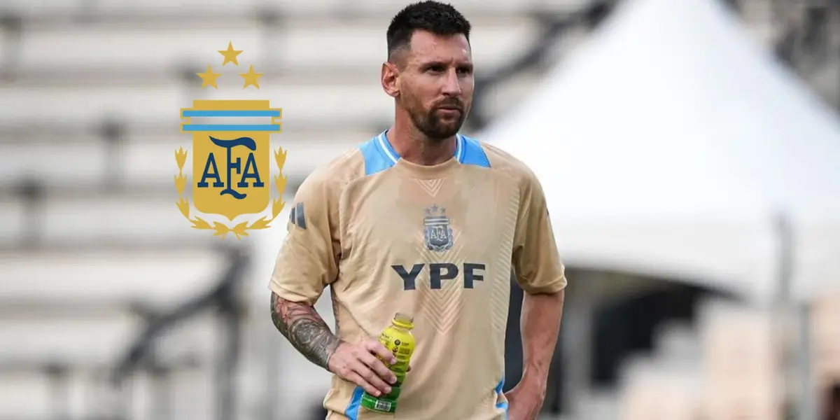 Lionel Messi looks serious during training while the Argentina national team badge is next to him. (Source: Messi Xtra X)