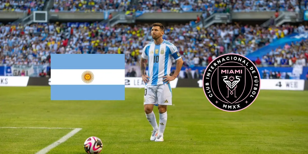 Lionel Messi looks up with his hands on his hips while he wears the Argentina jersey; the Inter Miami badge and the Argentina flag is next to him. (Source: Messi Xtra X)