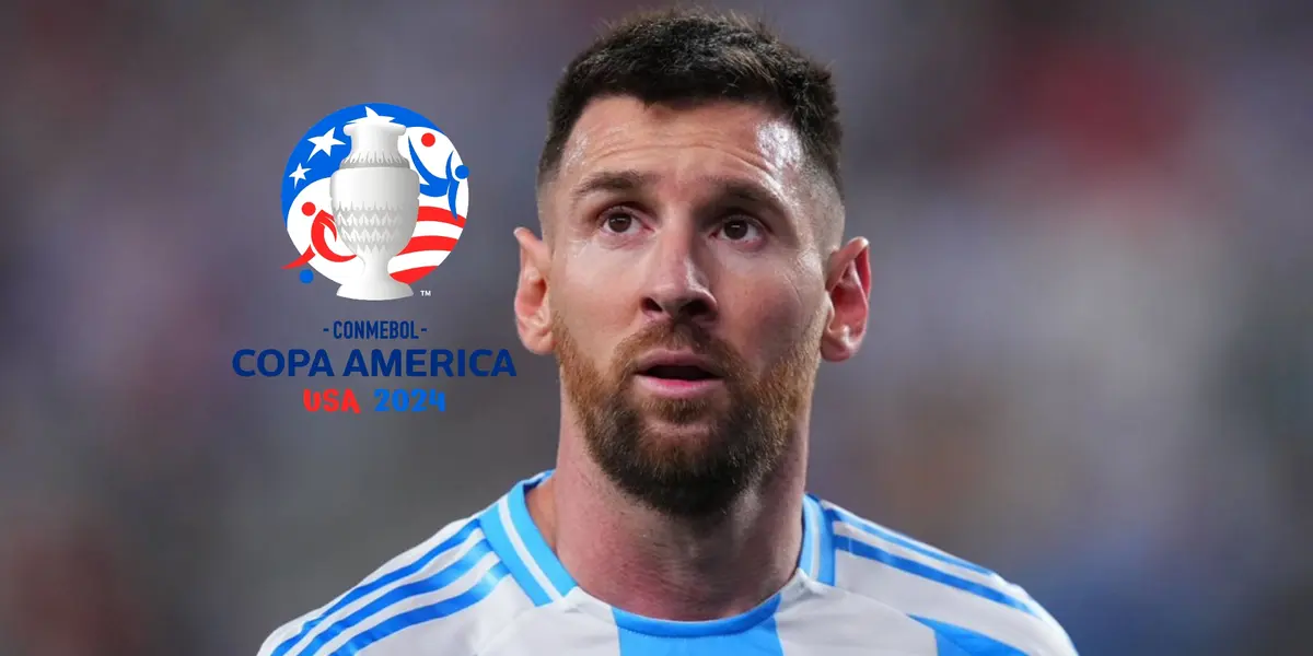 Lionel Messi looks up with worry on his face while the Copa America logo is next to him. (Source: CONMEBOL, Messi Xtra X)
