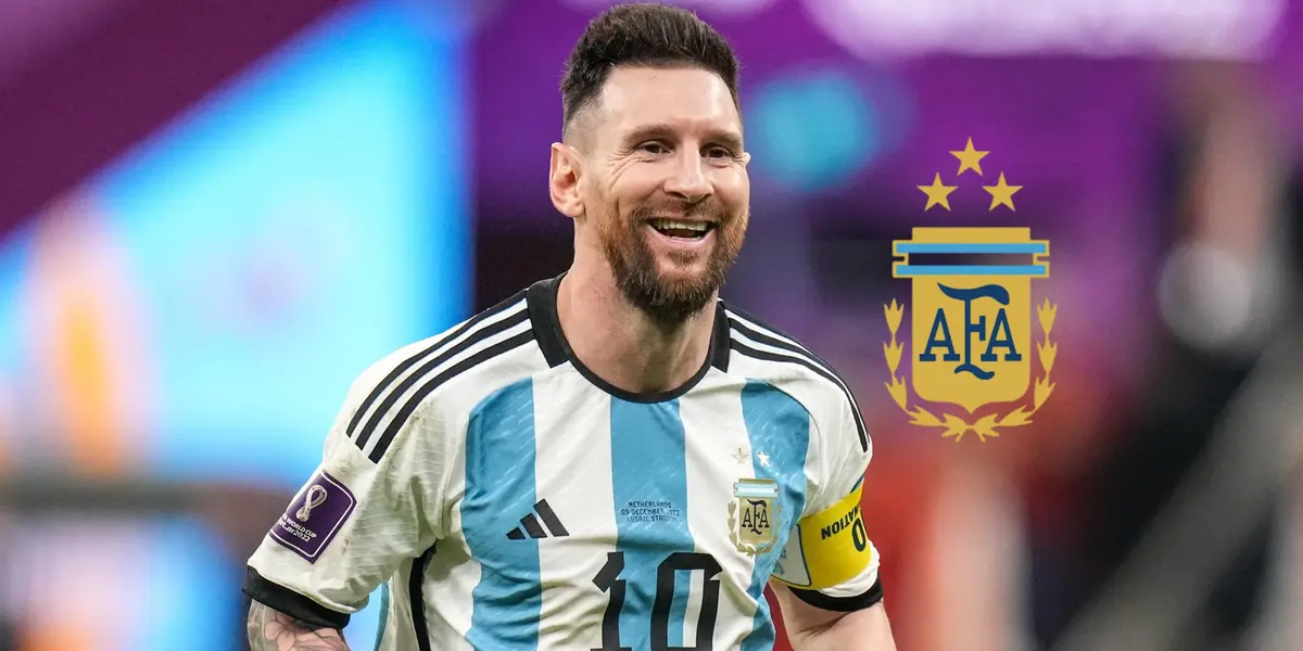 Lionel Messi smiles while wearing the Argentina jersey and the Argentina national team badge is next to him. (Getty Images, FIFA) 