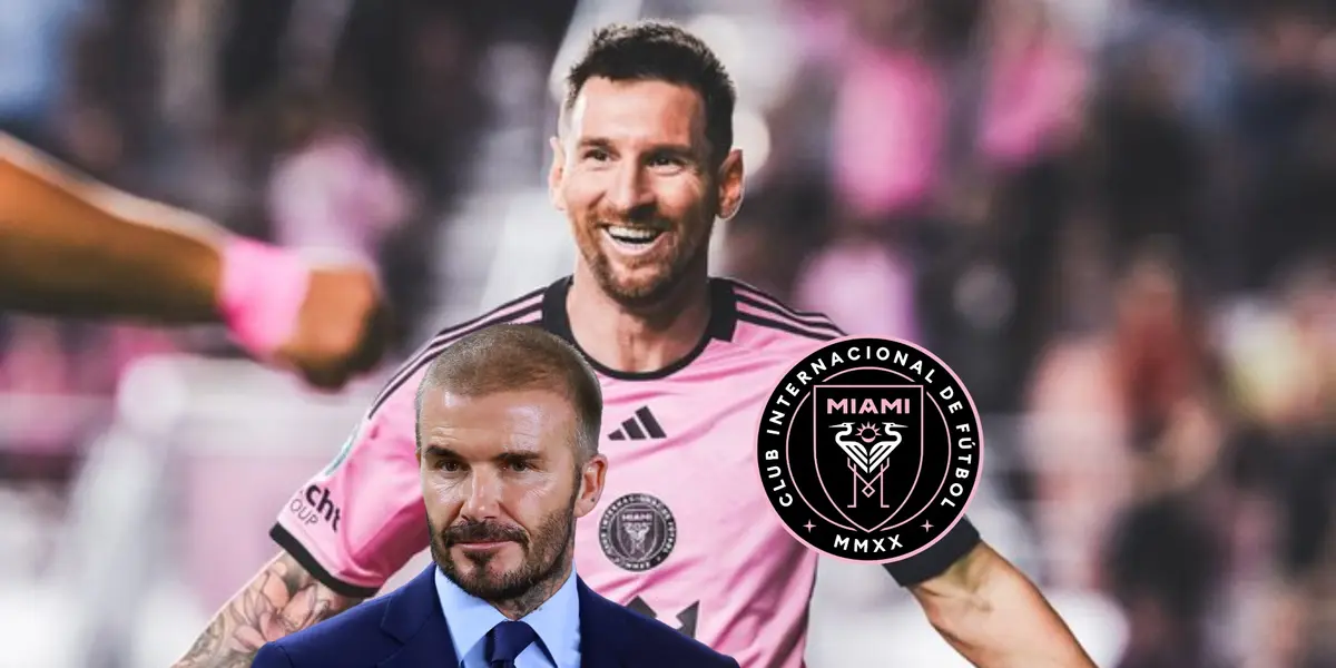 Lionel Messi smiles with an Inter Miami jersey while David Beckham looks serious in a suit and the Inter Miami badge is next to him. (Source: Getty Images, Messi Xtra X)