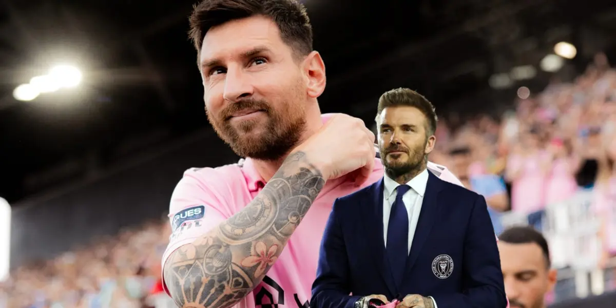 Lionel Messi smiles with the Inter Miami jersey on and David Beckham looks serious. (Source: MLS.com, Live Score)
