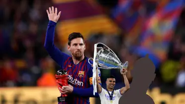 Lionel Messi waves while he holds an award and Casemiro lifts the Champions League trophy; a mystery player is next to him. (Source: AP, X)