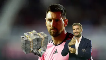 Lionel Messi wears the Inter Miami jersey as David Beckham smiels and throws a thumbs up and a stack of money is next to him. (Source: Messi Xtra X, Inter Miami)
