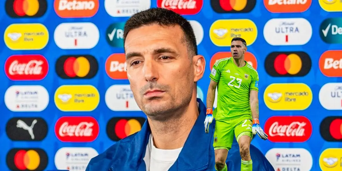 Lionel Scaloni looks serious in a press conference while Emiliano Martinez dances with an Argentina goalkeeper kit on. (Source: Sudanalytics X, FIFA)