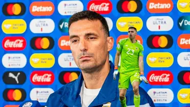 Lionel Scaloni looks serious in a press conference while Emiliano Martinez dances with an Argentina goalkeeper kit on. (Source: Sudanalytics X, FIFA)