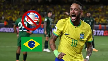 Neymar celebrates a goal for Brazil while the Copa America logo is crossed out and the Brazil flag is next to him. (Source: Ginga Bonito X, Conmebol)