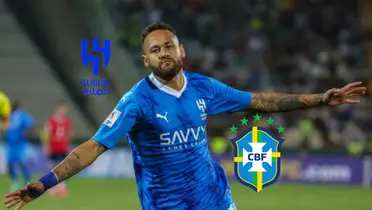 Neymar celebrates his goal for Al Hilal while the Al Hilal logo and the Brazilian national team badge is next to him. (Source: Al Hilal)