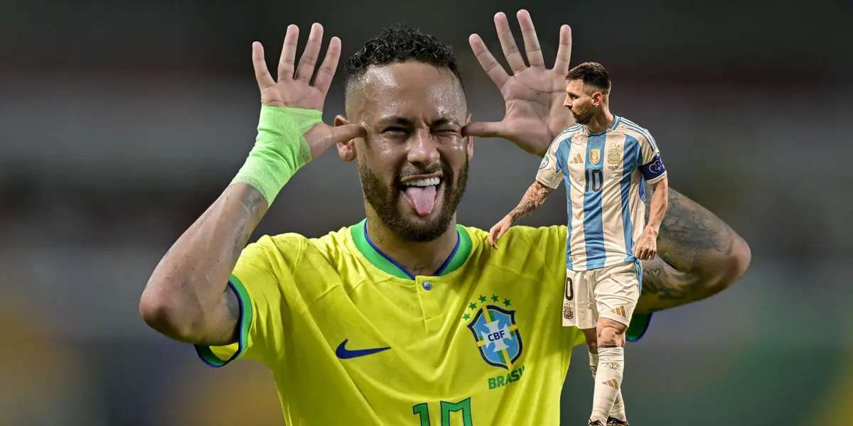 Neymar does his trademark celebration with a Brazil jersey while Lionel Messi looks on to his right with an Argentina jersey on. (Source: Messi Xtra)
