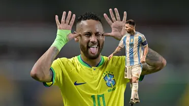 Neymar does his trademark celebration with a Brazil jersey while Lionel Messi looks on to his right with an Argentina jersey on. (Source: Messi Xtra)