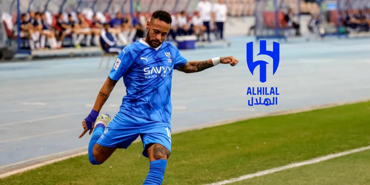 Neymar is about to kick the ball as he wears the Al Hilal kit and the Al Hilal badge is next to him. (Source: AFPPIX)