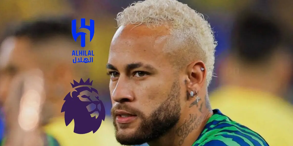 Neymar Jr. looks concentrated as he wears the Brazil kit; the Al Hilal logo and the Premier League logo is next to him. (Source: Team Neymar X)