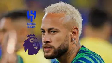 Neymar Jr. looks concentrated as he wears the Brazil kit; the Al Hilal logo and the Premier League logo is next to him. (Source: Team Neymar X)