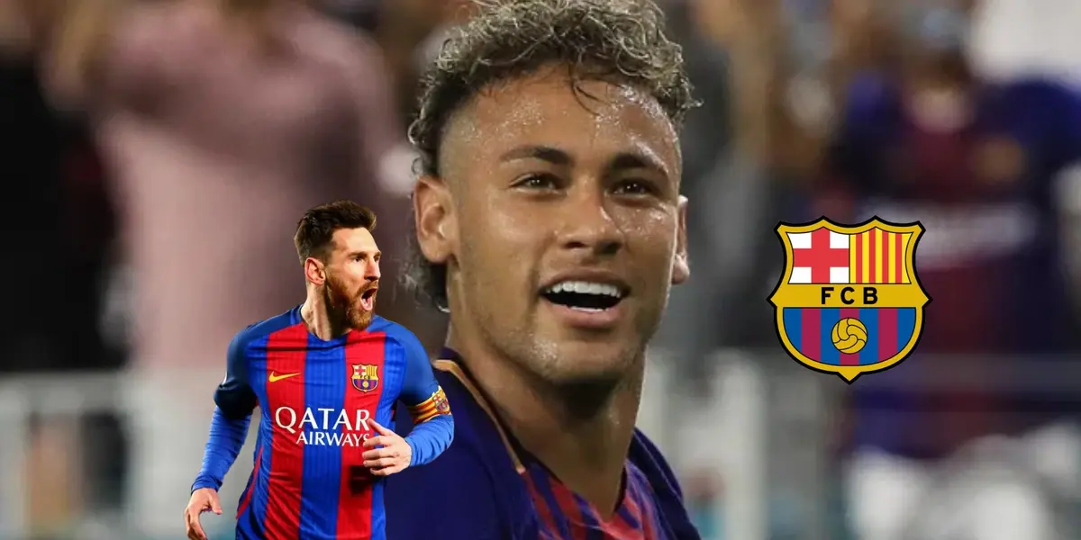 Neymar Jr. smiles while he wears the FC Barcelona jersey and Lionel Messi shouts as he scored for Barca; the FC Barcelona badge is next to them. (Source: Getty Images)