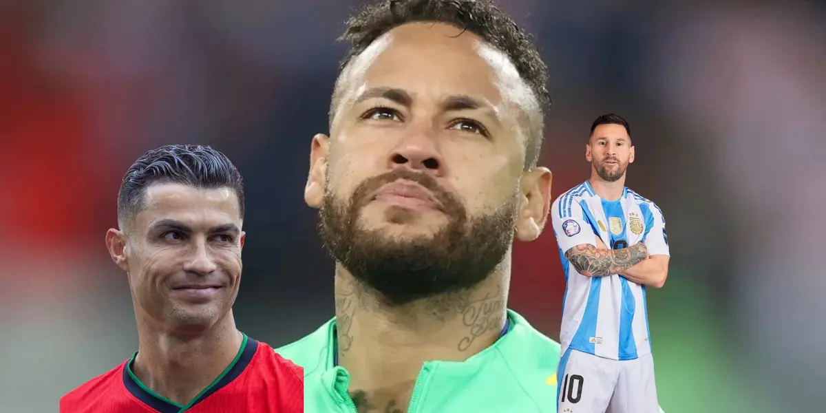 Neymar looks up while Cristiano Ronaldo and Lionel Messi smile as they wear their national team jerseys. (Source: Team Neymar X, GOATTWORLD X, Messi Xtra X)