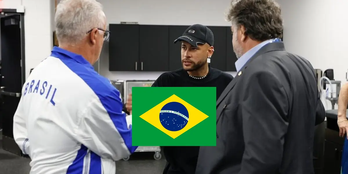 Neymar shakes hands with the Brazilian national team coach Dorival Junior and the Brazil flag is in the middle. (Source: Neymar Jr. X)