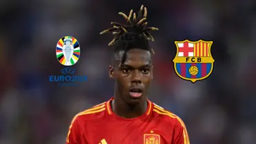 Nico Williams is shocked as he wears the Spanish national team jersey as the FC Barcelona badge and the EURO 2024 logo is next to him. (Source: Deadline Day Live X)