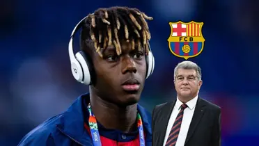 Nico Williams listens to music while Joan Laporta wears a suit and the FC Barcelona badge is above him. (Source: Barca Universal X)