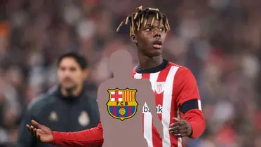 Nico Williams looks up while he wears the Athletic Bilbao jersey and the mystery player has the FC Barcelona badge on him. (Source: Barcacentre X) 