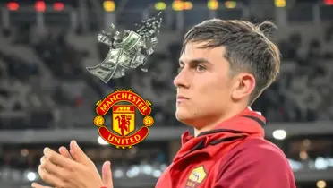 Paulo Dybala claps while wearing an AS Roma sweater as the Manchester United badge and flying money is next to him. (Source: UTD Truthful X)