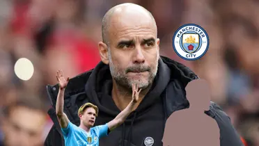 Pep Guardiola looks worried while Kevin De Bruyne seems to say goodbye and a mystery player is under the Manchester City badge. (Source: Manchester City)