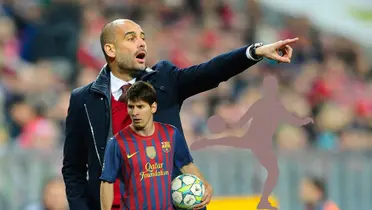 Pep Guardiola points to the pitch while Lionel Messi holds the ball with a Barcelona jersey on and a mystery player is about to kick the ball. (Source: Getty Images/EMPICS/PA)