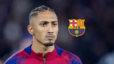 Raphinha looks serious while wearing the FC Barcelona jacket and the FC Barcelona badge is next to him. (Source: Barca Universal X)