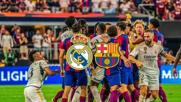 Real Madrid and FC Barcelona players fight each other as the Real Madrid and FC Barcelona badges is in the middle. (Source: Eurofootcom X)