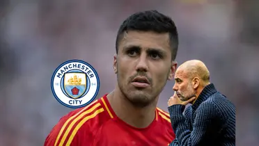 Rodri looks serious with the Spain jersey on; Pep Guardiola looks concerned and the Man City badge is next to him. (Source: Sportbible X)