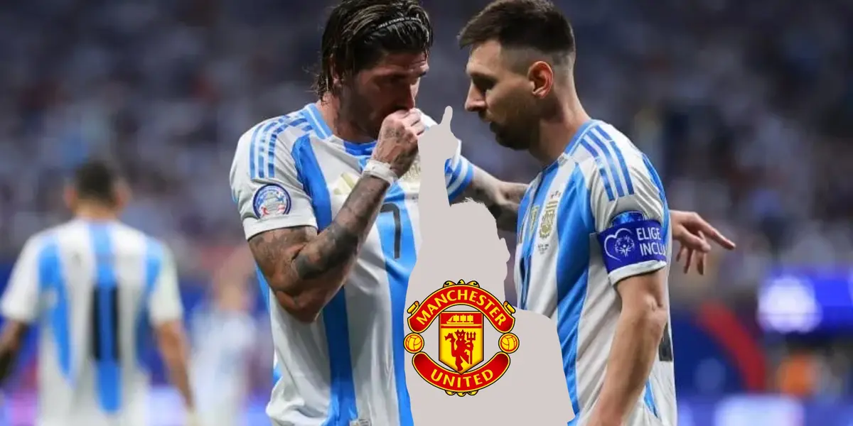 Rodrigo De Paul speaks with Lionel Messi in the Copa America as a mystery player has the Manchester United badge on him. (Source: Getty Images)