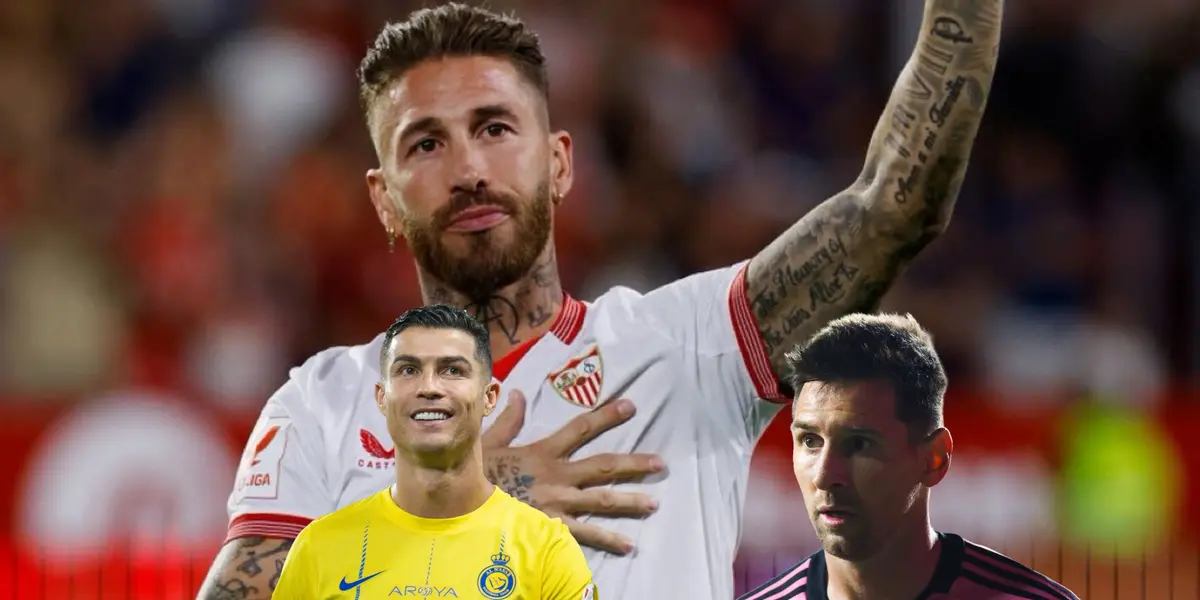 Sergio Ramos waves to his fans as Cristiano Ronaldo smiles and Lionel Messi looks shocked with their respective teams. (Madrid Xtra X, Messi Xtra X)