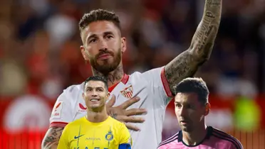 Sergio Ramos waves to his fans as Cristiano Ronaldo smiles and Lionel Messi looks shocked with their respective teams. (Madrid Xtra X, Messi Xtra X)