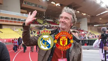 Sir Jim Ratcliffe smiles and waves to the fans as the Real Madrid and Manchester United logo is below him. (Source: Fabrizio Romano X)