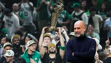 The Boston Celtics celebrate the NBA Championship and Pep Guardiola grins. (Source: Boson Celtics X, Man City X)