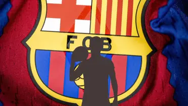 The FC Barcelona badge is the background while a mystery player holds the ball. (Source: Managing Barca X)