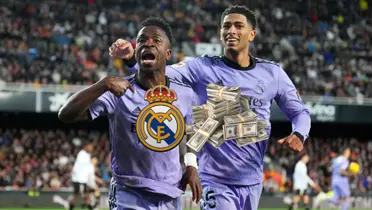 Vinicius Jr. and Jude Bellingham celebrate a Real Madrid goal together as the Real Madrid badge and a stack of cash is below him. (Source: Getty Images)