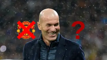 Zinedine Zidane smiles as the Manchester United badge is crossed out and a question mark is next to him. (Source: Getty Images)